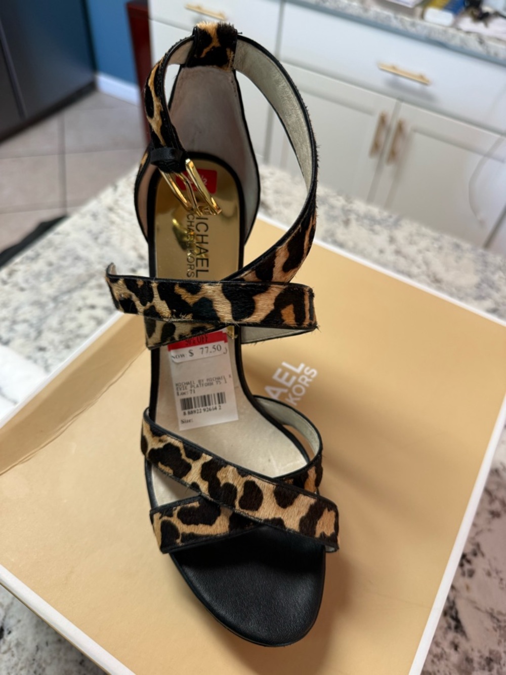 Michael Kors Leopard Print Strappy Heel Sandal - Tan/Black